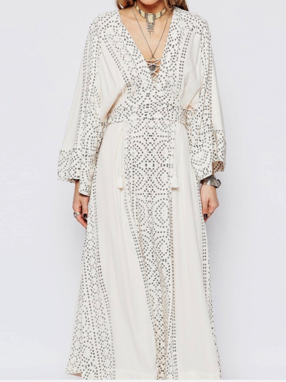 Free People Modern Kimono Pearl Combo Ivory Lace Up Tassel  Maxi Dress  Size 2 - Picture 14 of 15